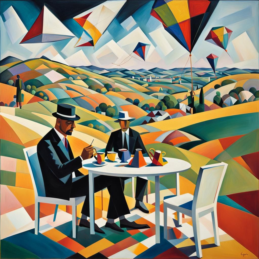 Cubist Man Drinking Tea at White Table
