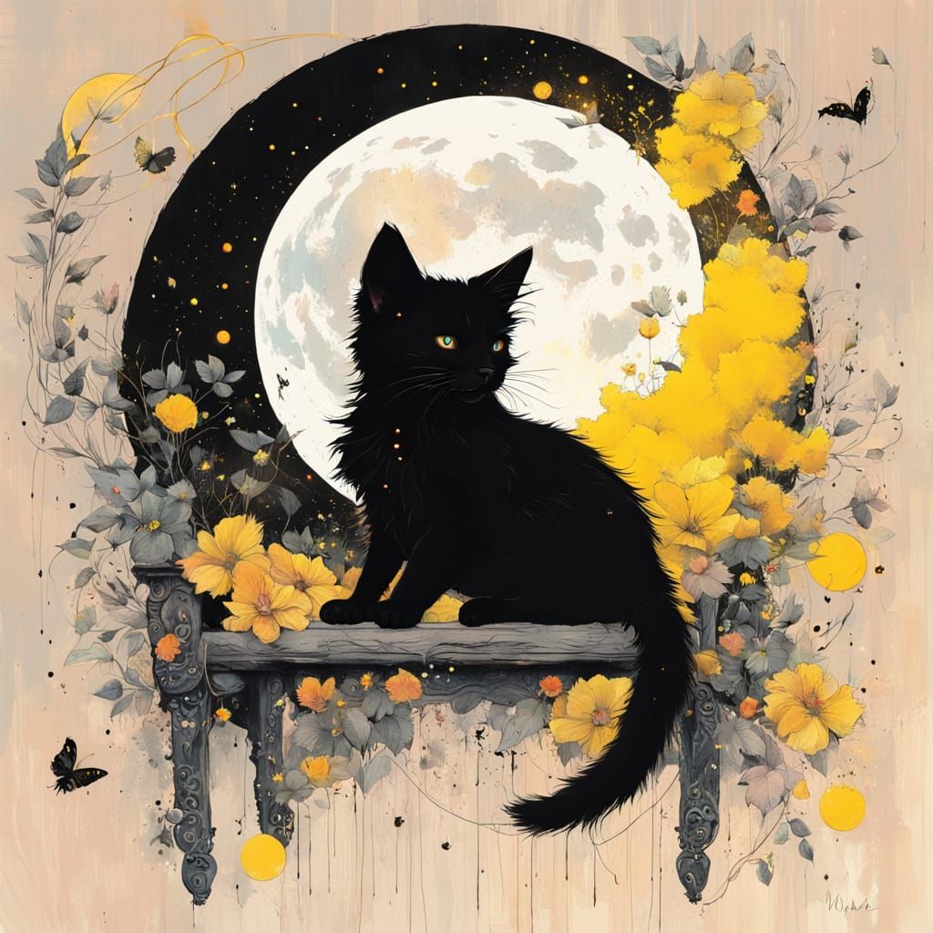 Whimsical Kitten on Porch with Moon