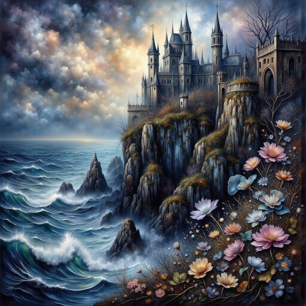 Gothic Castle on Stormy Cliff Edge in Impasto Style