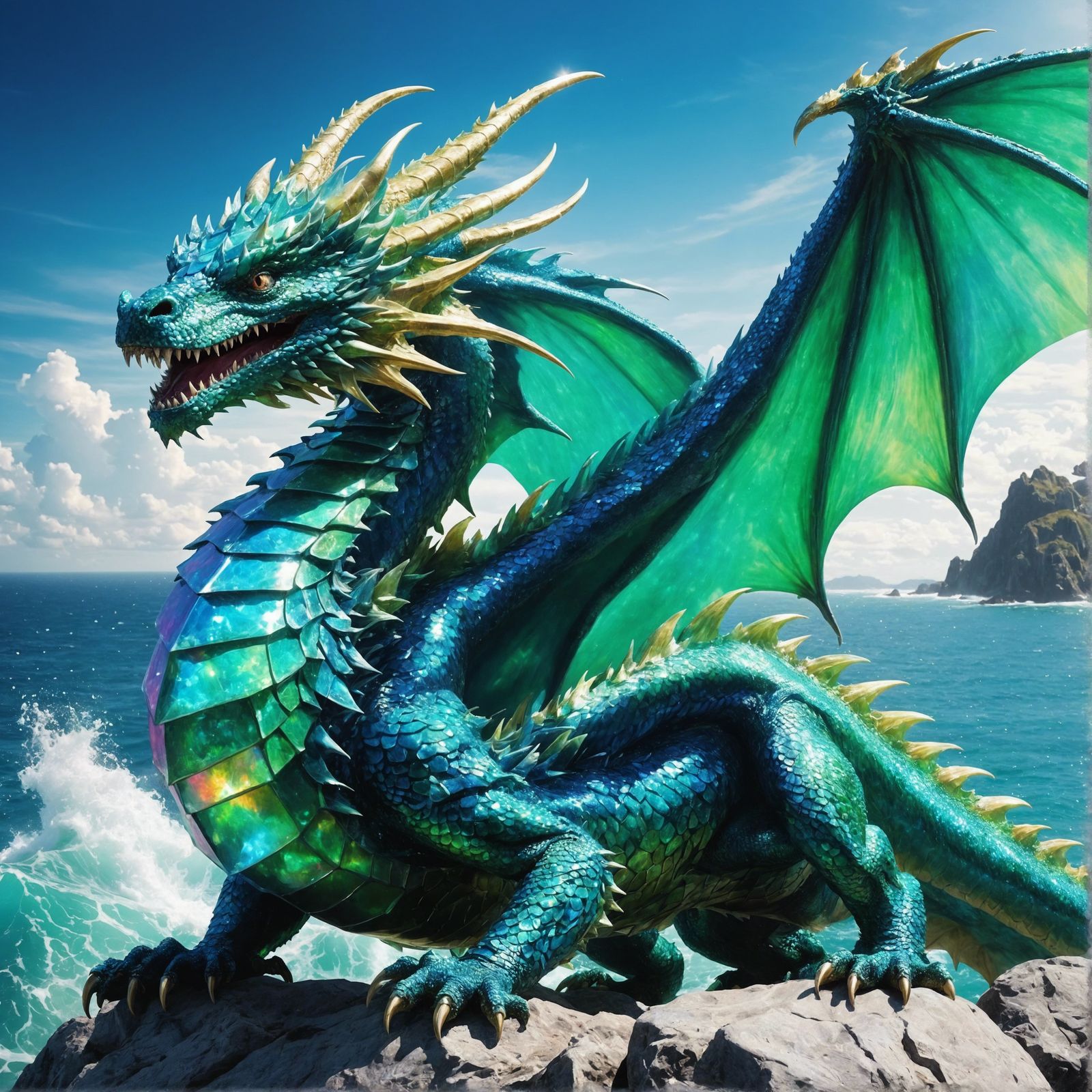 Iridescent Crystal Dragon in Ocean Scene