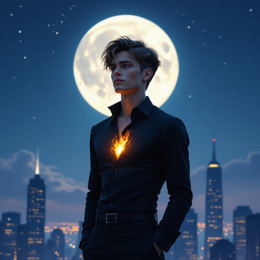 Androgynous Figure in Cityscape with Glowing Chest