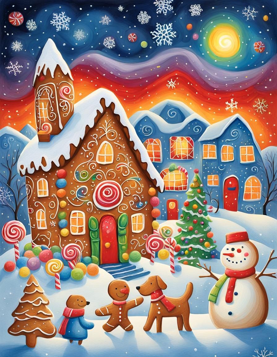 Whimsical Gingerbread Village in Festive Folk Art Style