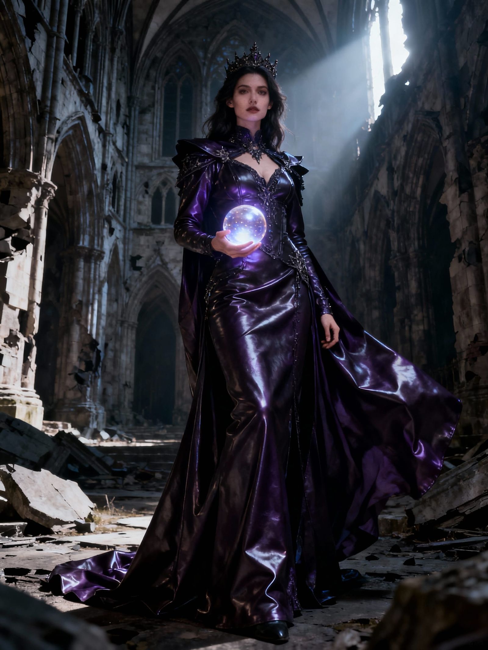 Regal Woman in Gothic Cathedral with Luminous Orb