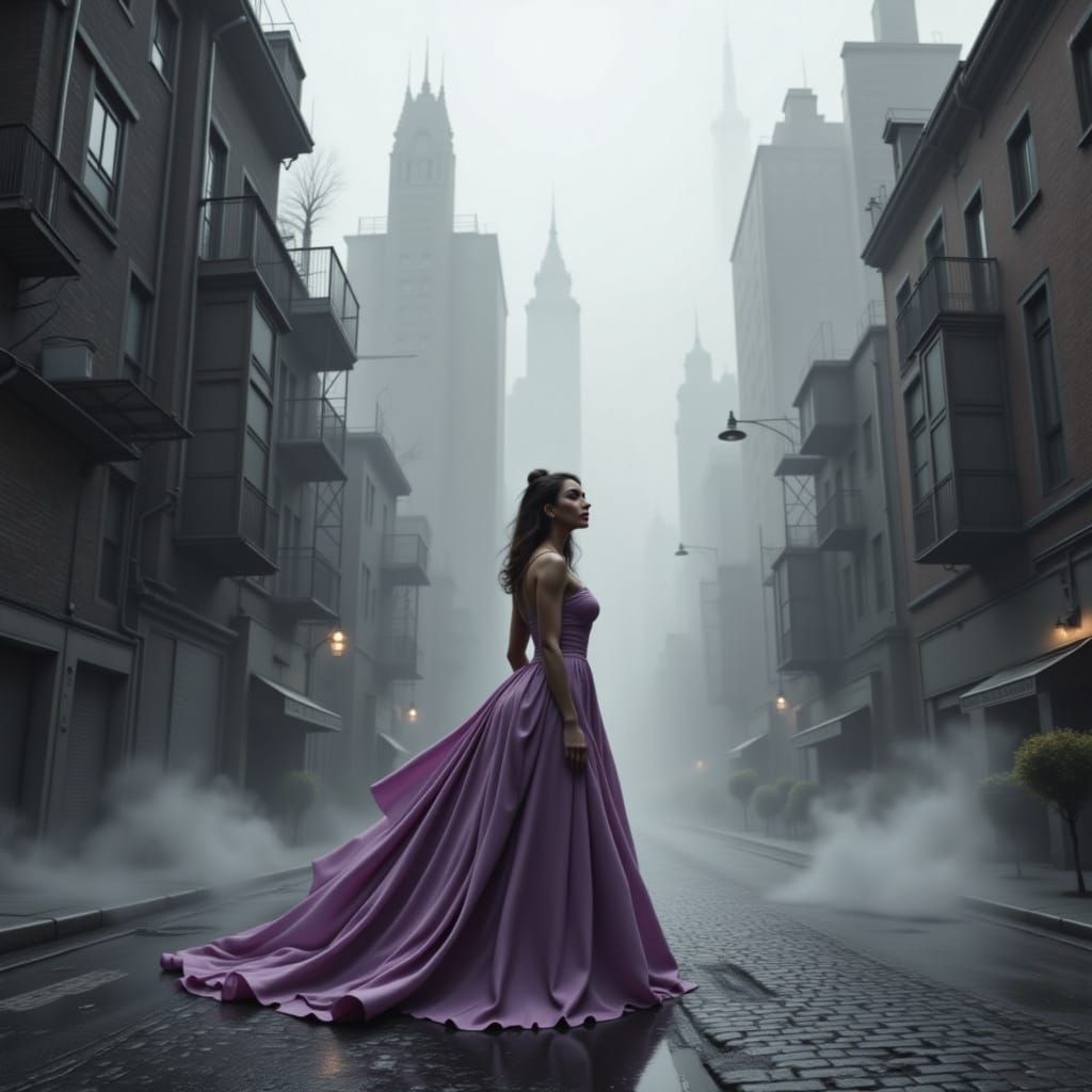 Elegant Woman in Lilac Dress, Noir Cityscape