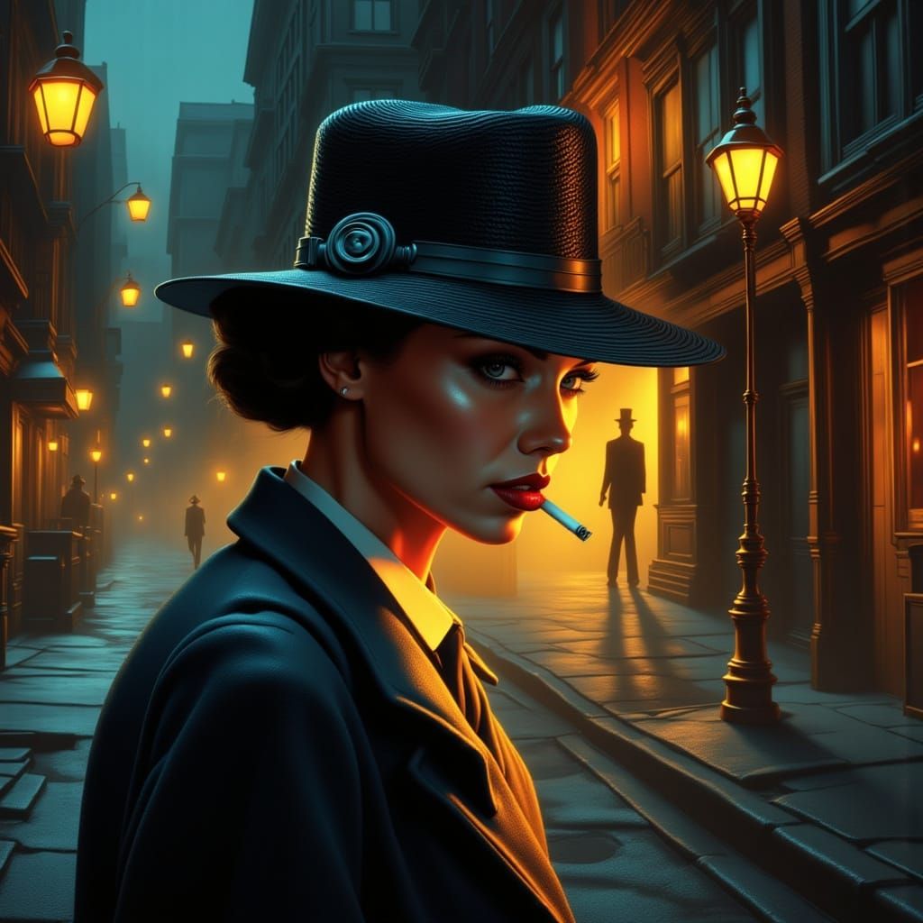 Femme Fatale in Golden Hour Glow, Film Noir Concept Art