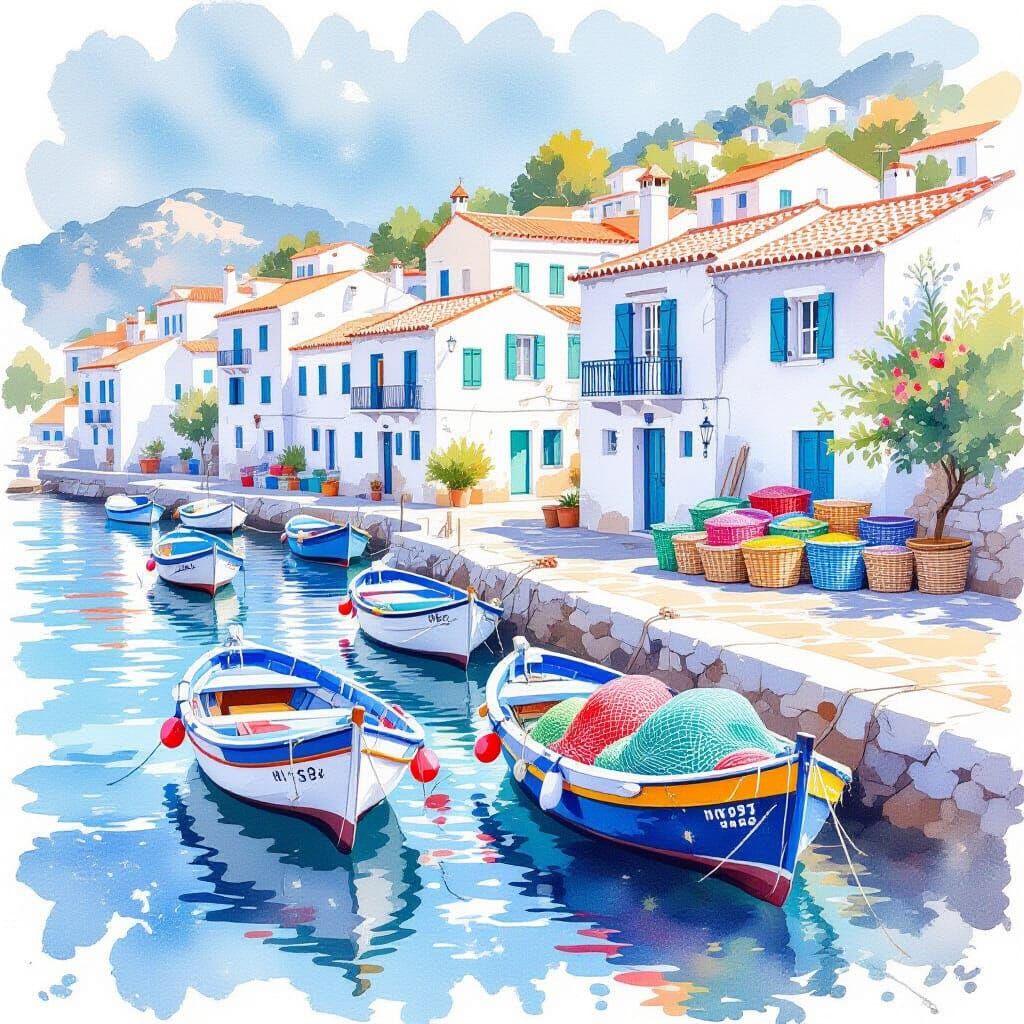 Mediterranean Harbor with Fishing Boats in Watercolor
