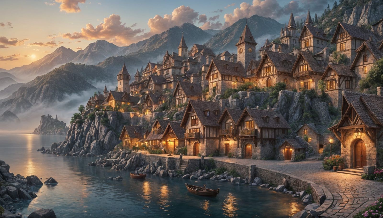 European Rustic Town at Dusk in Detailed 3D