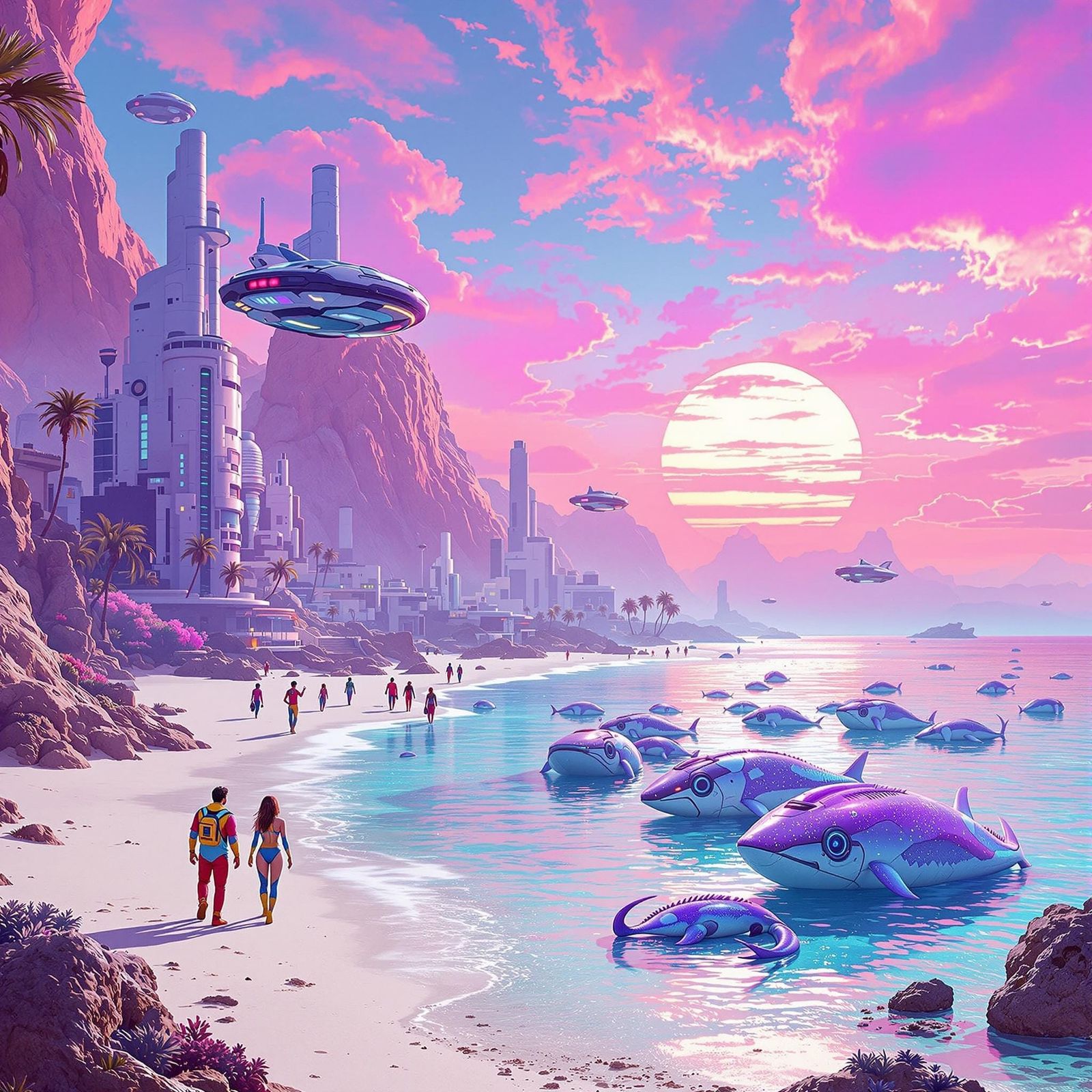 Galactic Beach Scene with Futuristic Whales and Vibrant Spac...