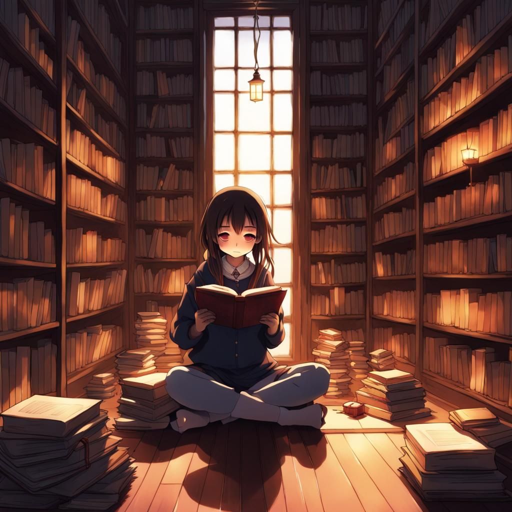Anime-Style Library Scene with Reading Girl