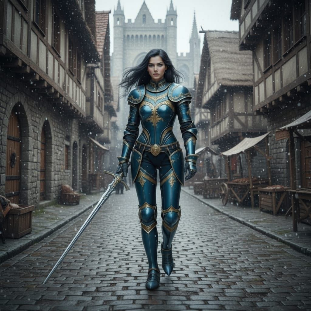 Regal Knight in Armor Amidst Snowy Medieval Castle Courtyard