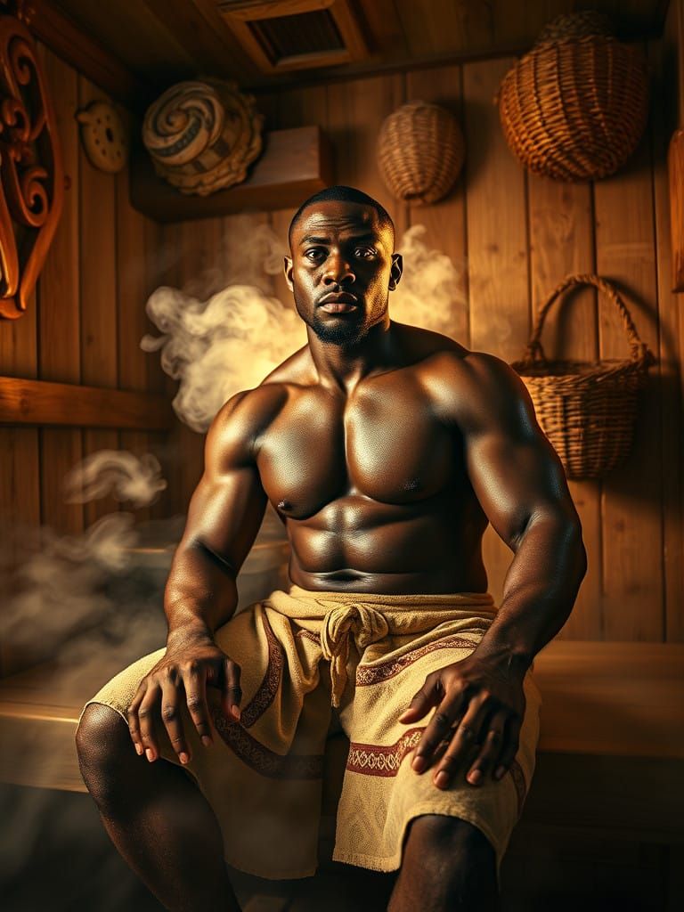 Muscular Man in Traditional Sauna Towel, Finely Detailed Hyp...