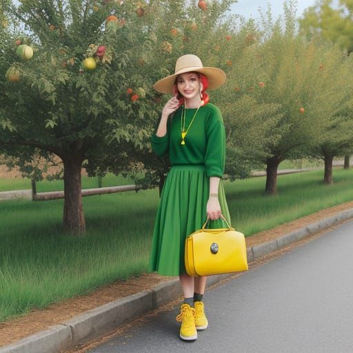 Farmer in Apple-Themed Outfit with Red Bag and Yellow Shoes