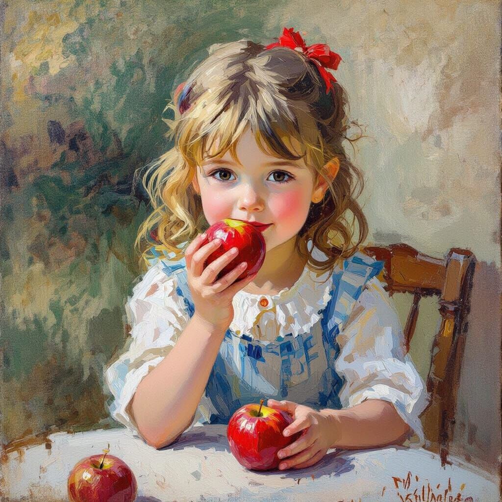 Smiling Girl Sits Enjoying a Red Apple