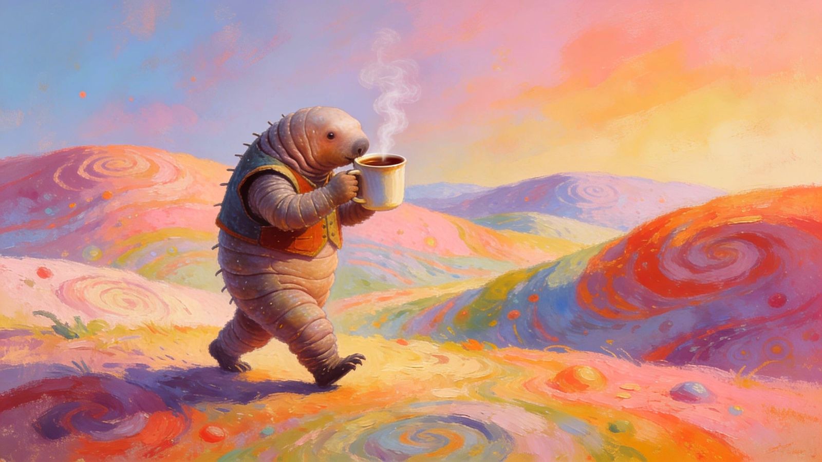 Tardigrade Enjoys Coffee in Stylized Landscape