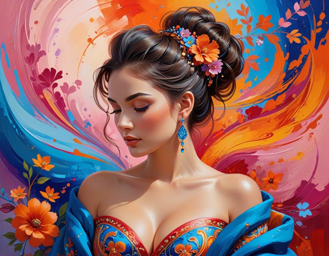 Elegant Woman in Floral Gown, Gouache Style Portrait