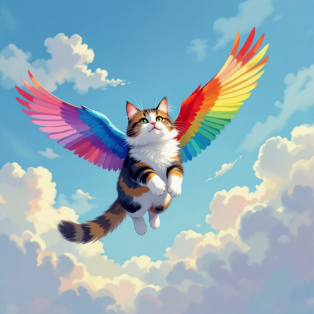 Rainbow Feathered Cat Soars in Gouache Masterpiece