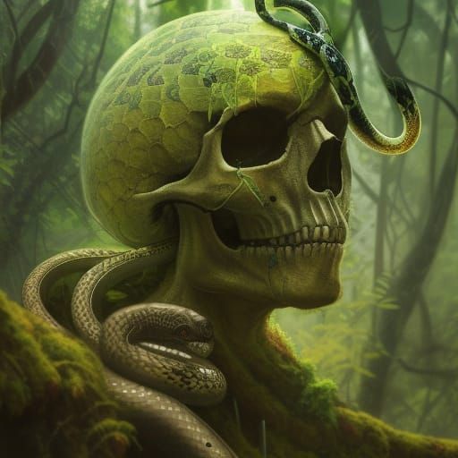 Skull with Snake and Moss in Jungle Light