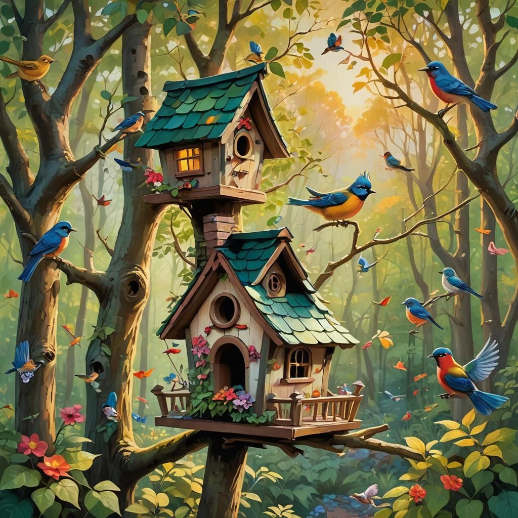 Whimsical Birdhouse in Lush Forest, Detailed Oil Painting