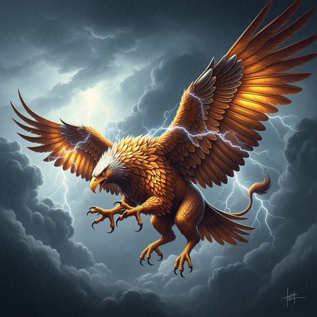 Griffin Soaring Through Stormy Sky in Digital Art Style
