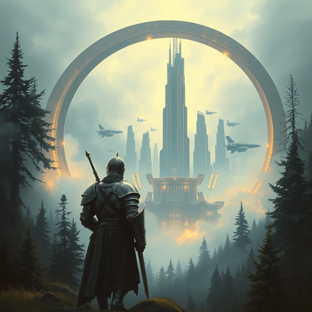 Knight Gazing at Futuristic City Through Temporal Gate