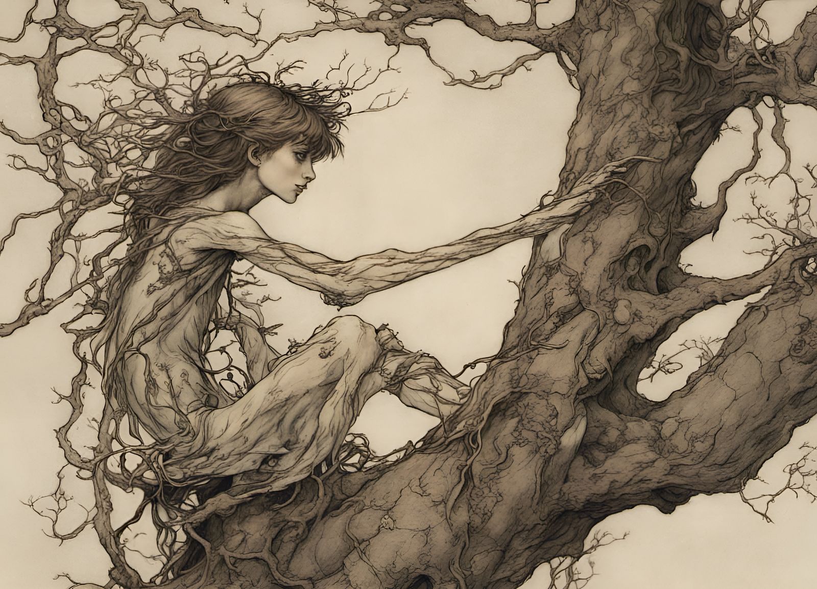 Dryad in Tree Branches, Arthur Rackham Style