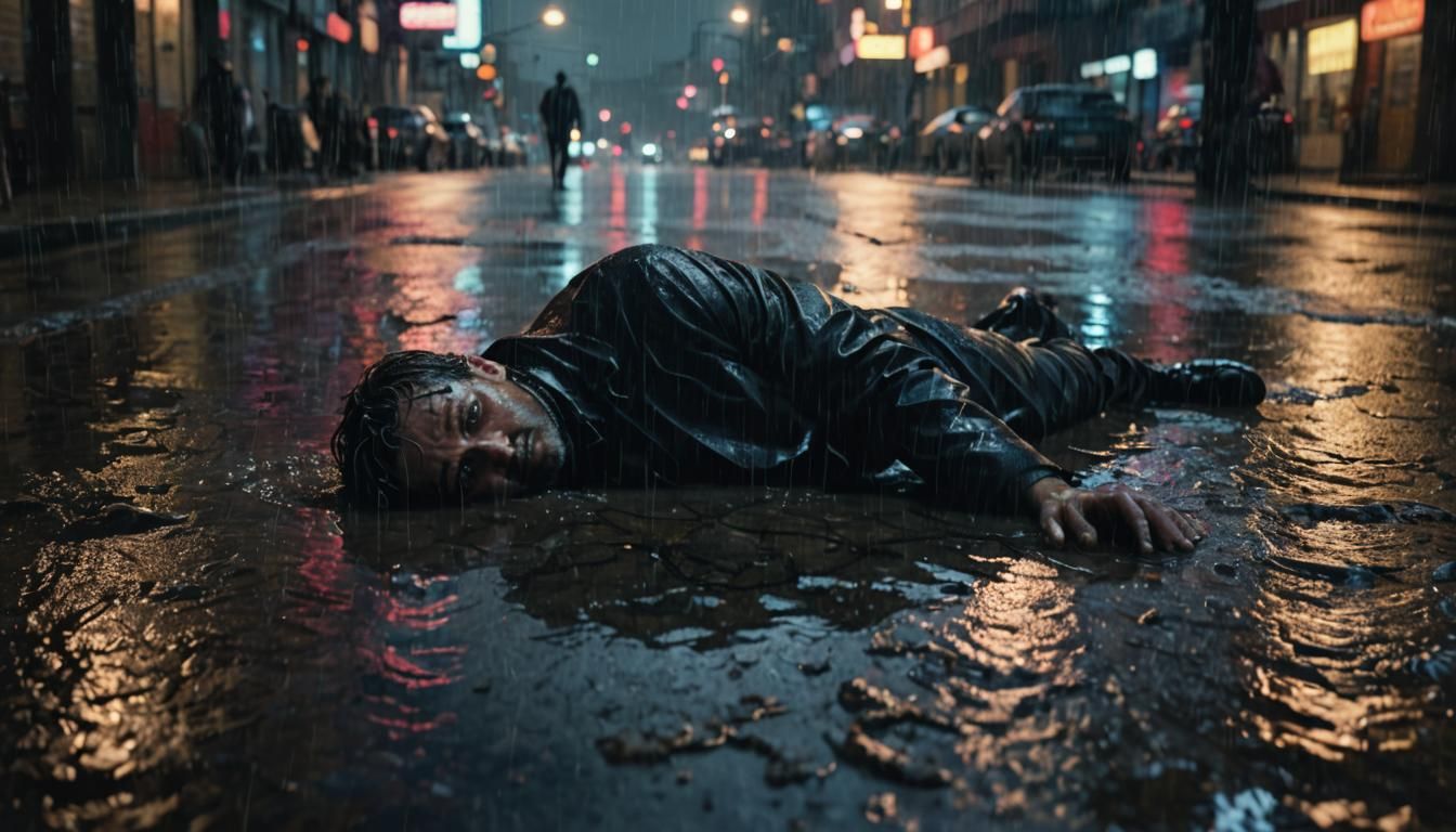 Man in Puddle: Cyberpunk Cityscape in Rain