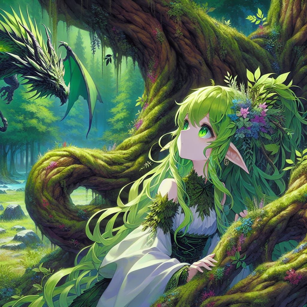 Anime Dryad with Forest Dragon in Fantasy Art