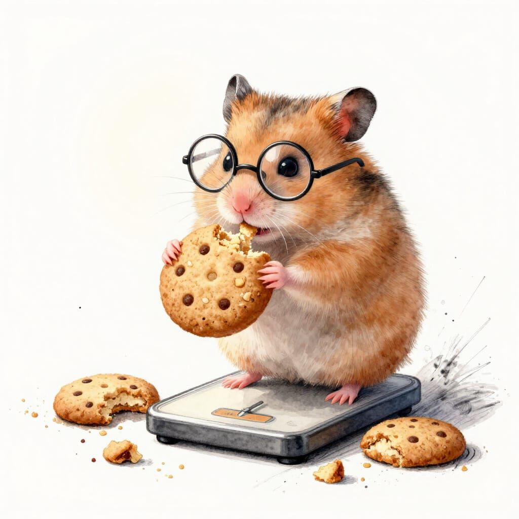 Guilty Hamster Stands on Scale Amidst Cookie Crumbs