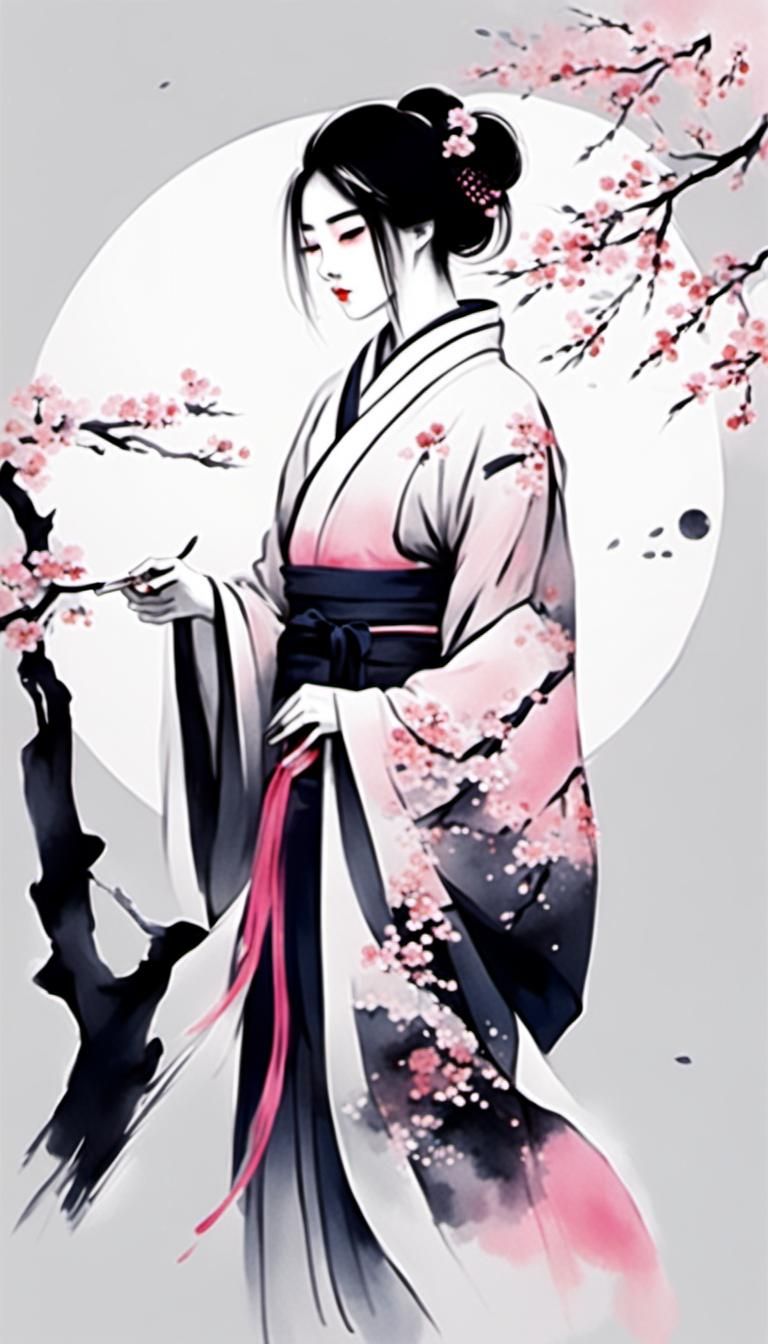 Minimalist Ink Painting of Girl in Kimono