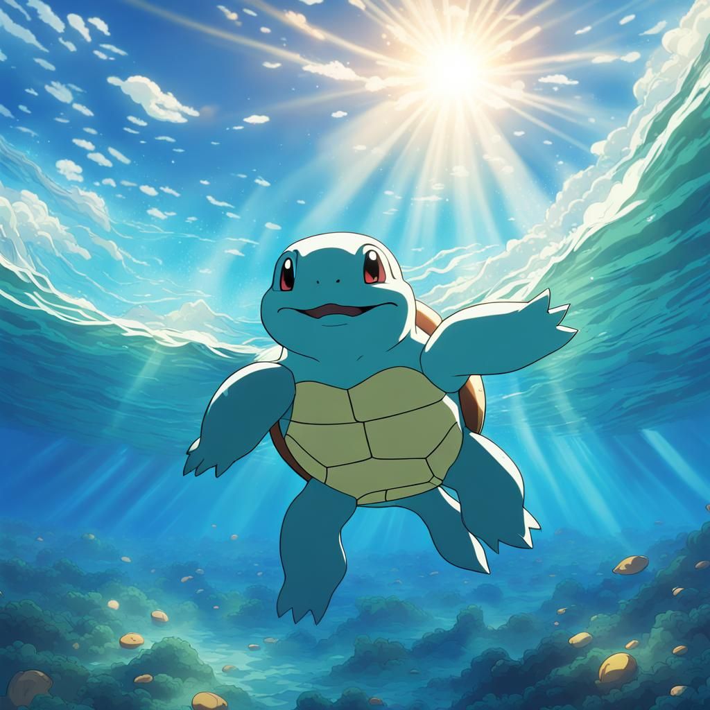 Squirtle swimming in the ocean breaking through the surface....