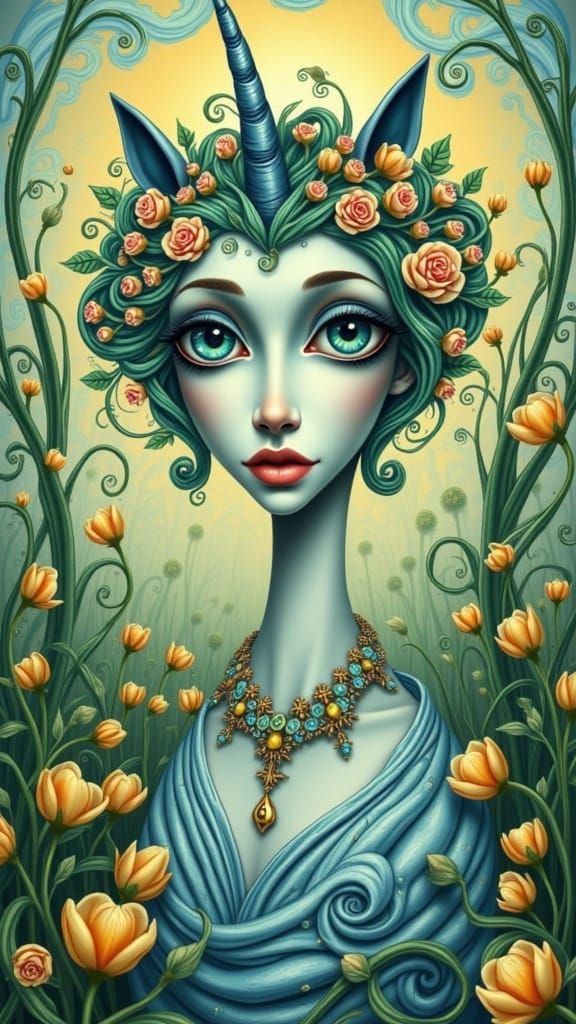 Surreal Unicorn Portrait in Whimsical Nouveau Style