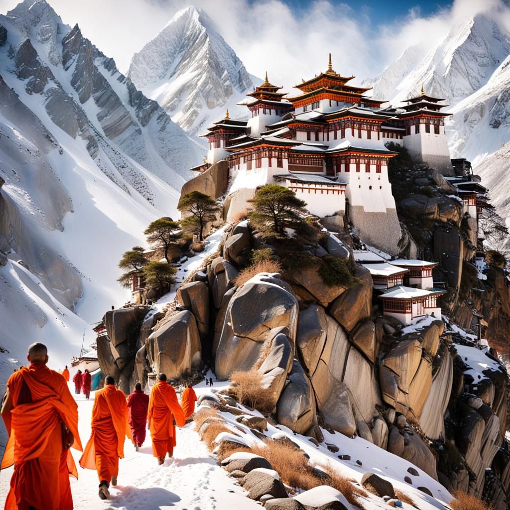 Himalayan Temple: Monks, Mist, and Prayer Flags
