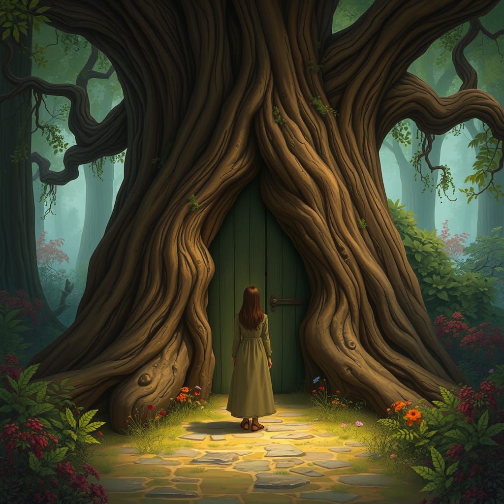 Mysterious Door in Tree Trunk, Miyazaki Style