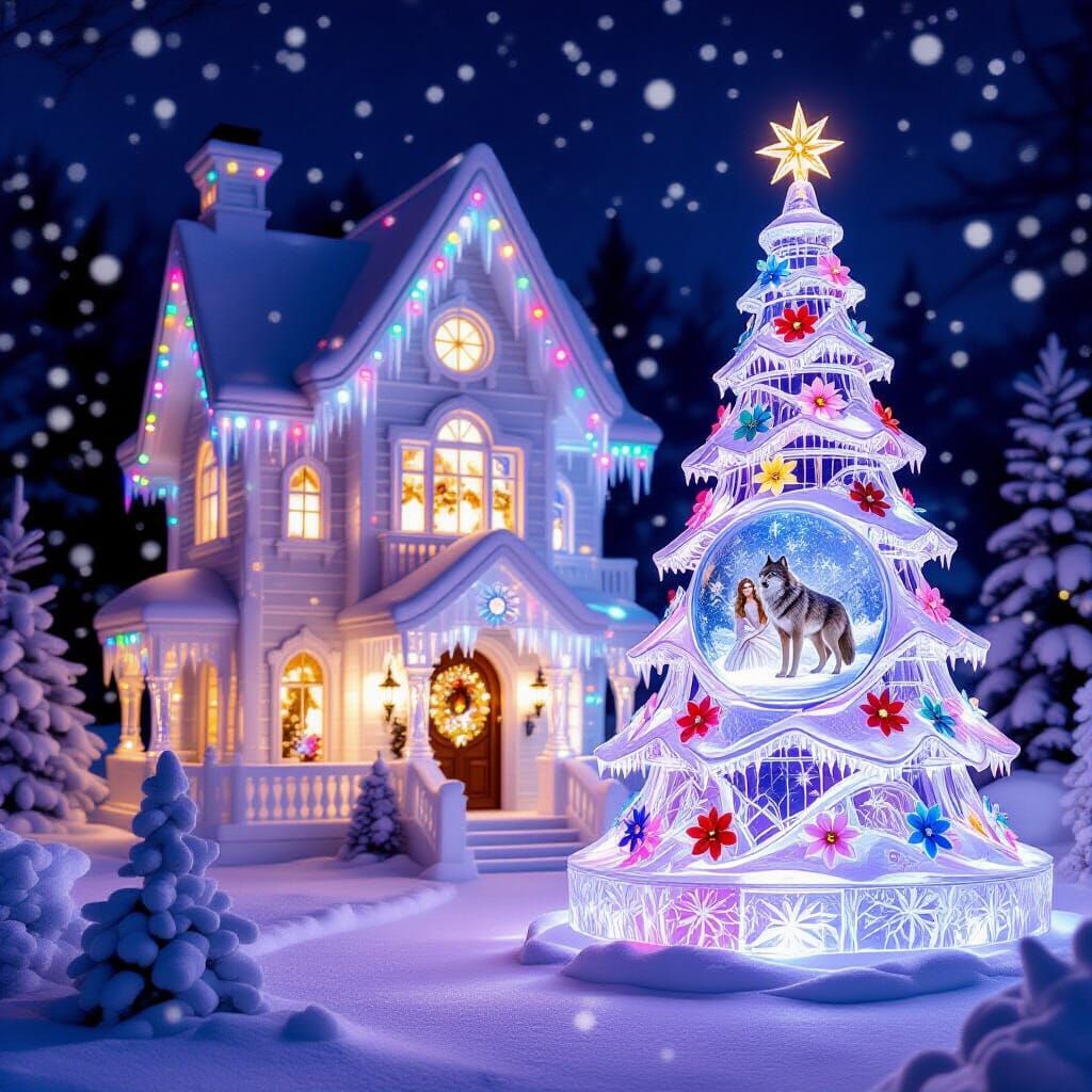 Enchanting Ice Carved Christmas House with Festive Lights