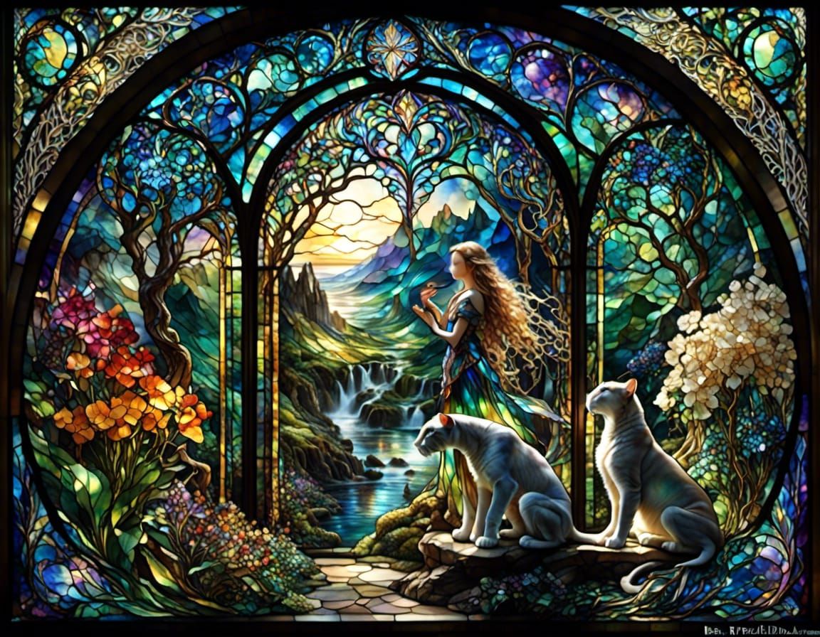 Elven Girl and Panther in Iridescent Stained Glass