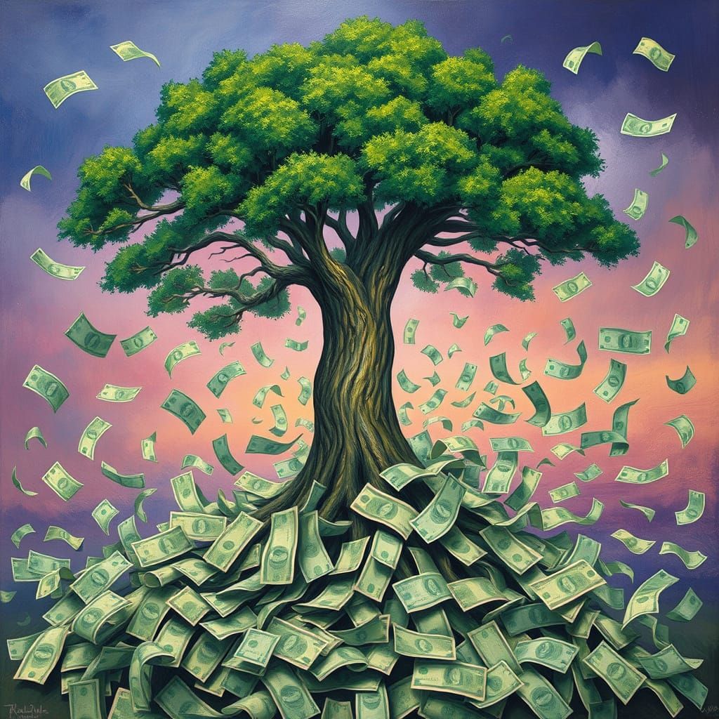 Majestic Tree Amidst Swirling Banknotes in Vibrant Surrealis...