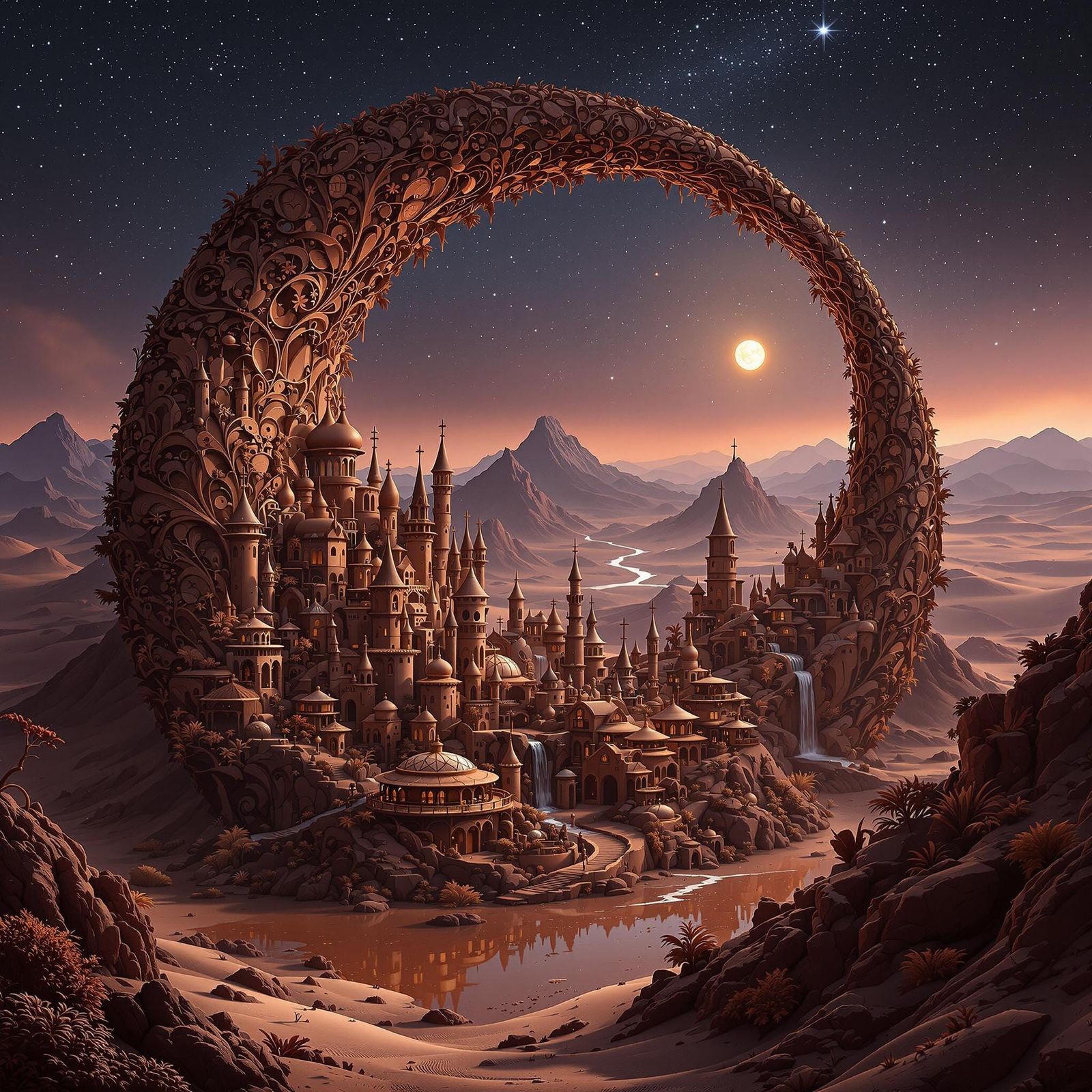 Chocolate Village in Magical Desert Under Starry Sky