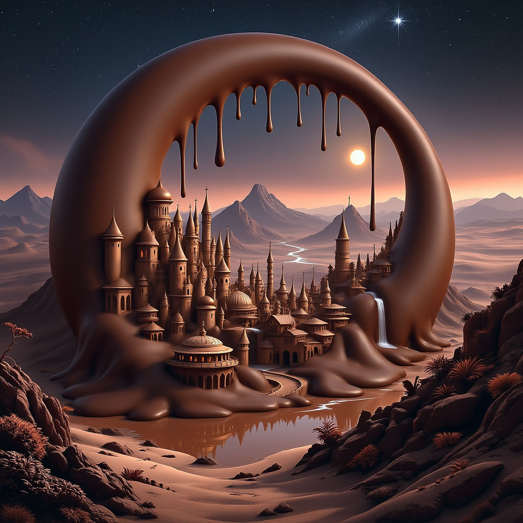 Chocolate Village in Desert Landscape as Digital Art