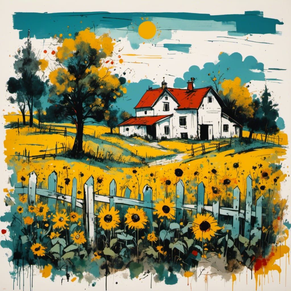 Pastoral Country Scene with Sunflowers in Matte Painting Sty...