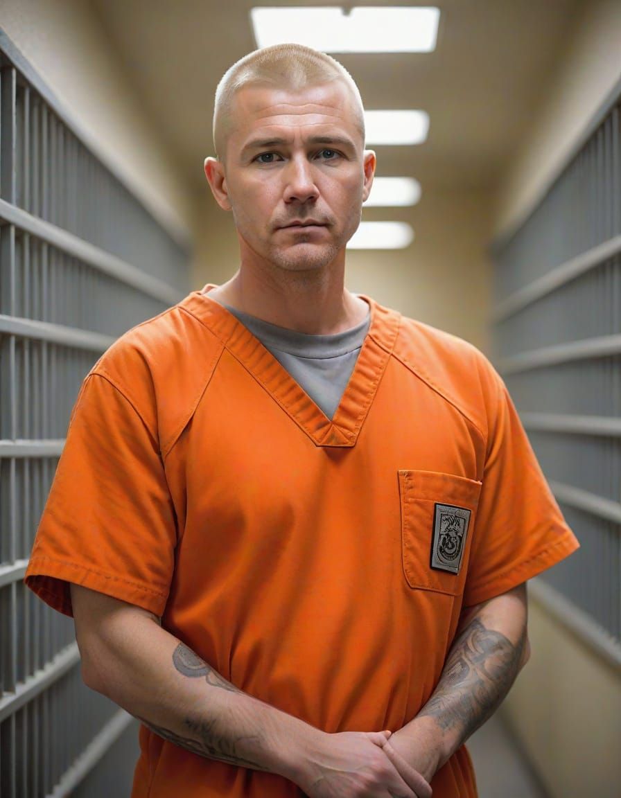 Inmate in Orange Prison Scrubs Stands in Cell