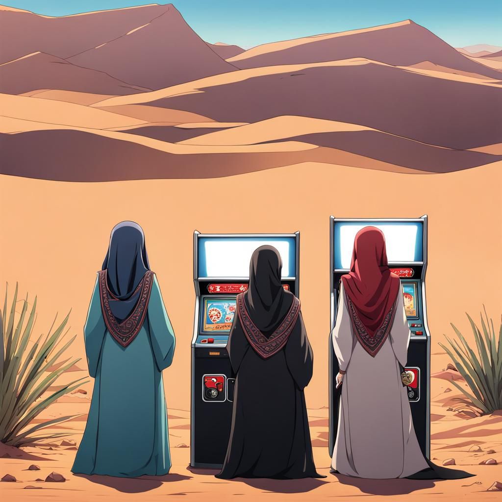 Palestinian Women and Arcade Machine in Anime Style