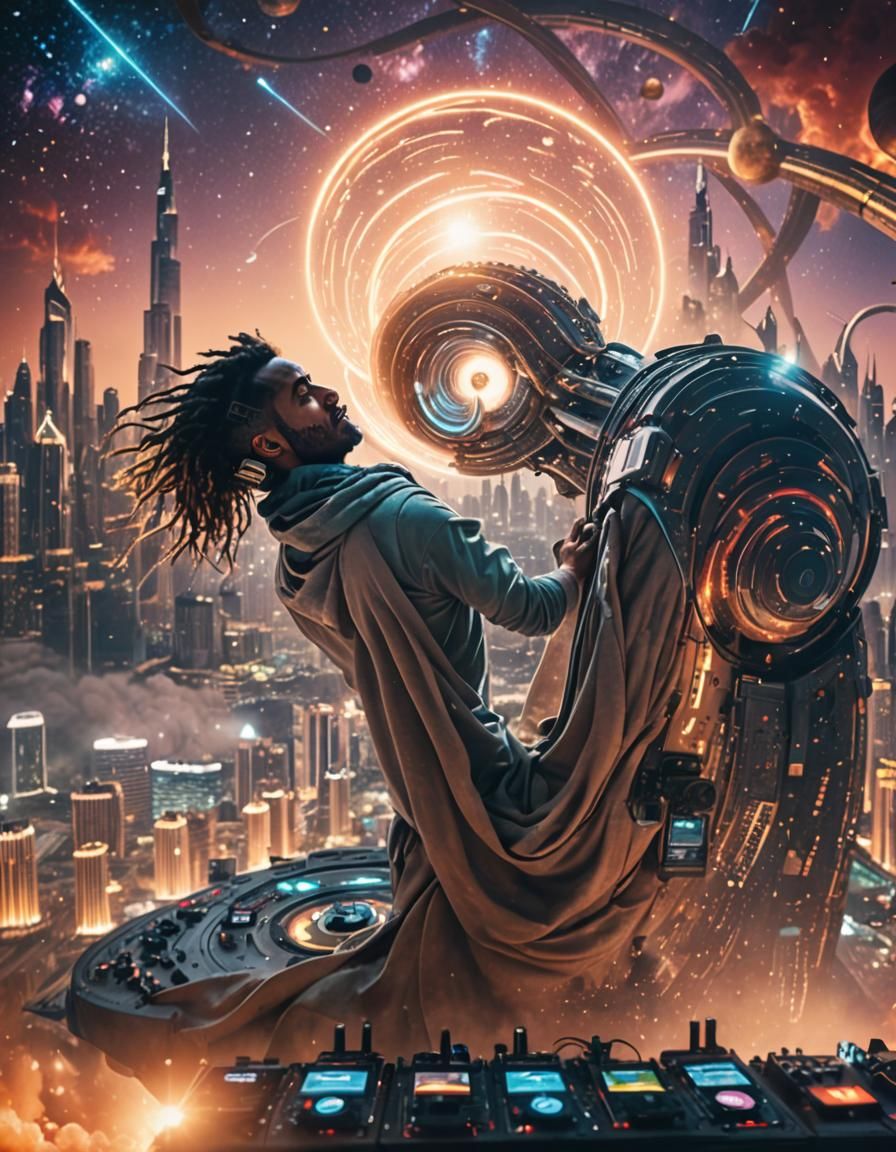 DJ on Rooftop Stage with City Skylines and Milky Way