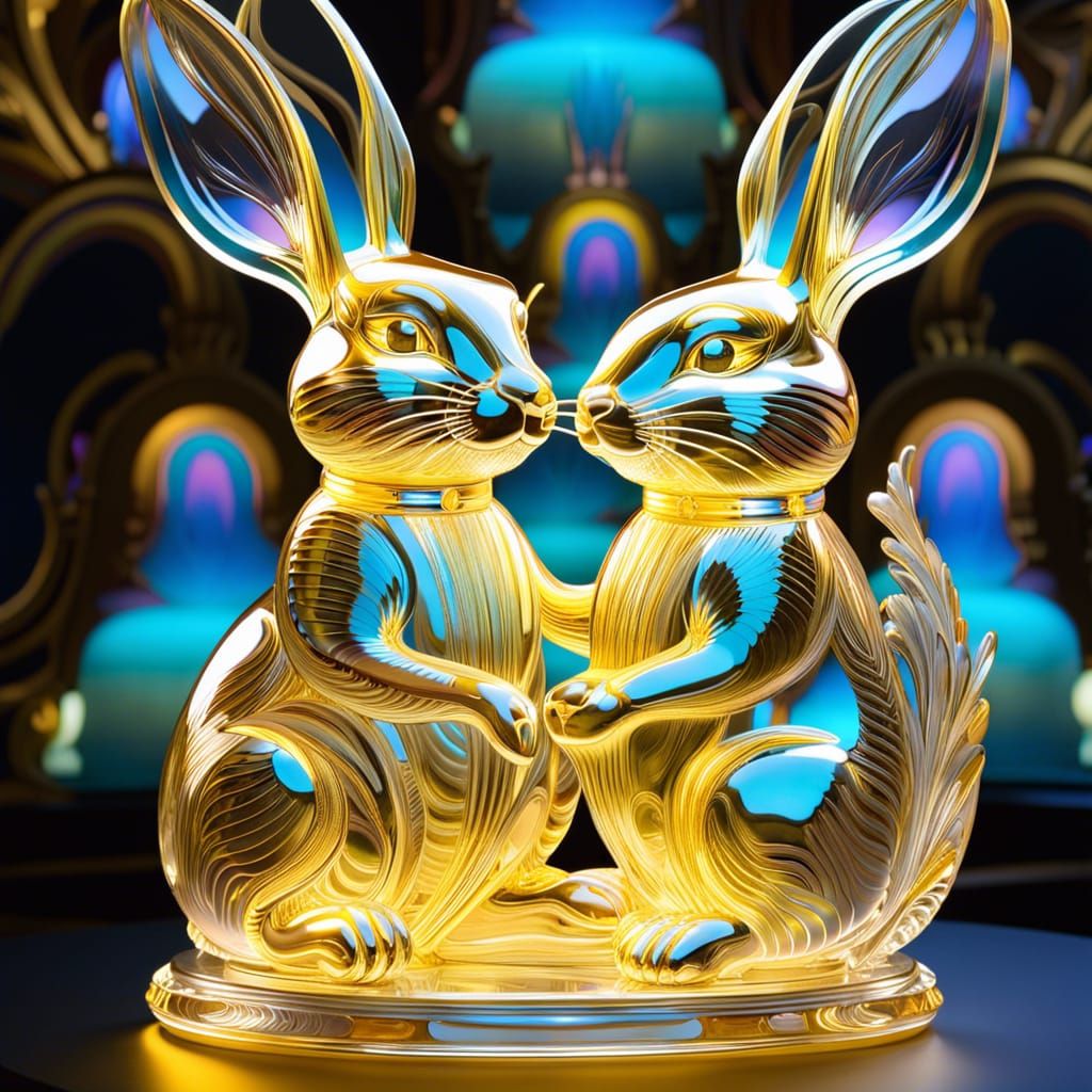 Rococo Crystal Rabbits Sculpture: Hyperdetailed 3D Art