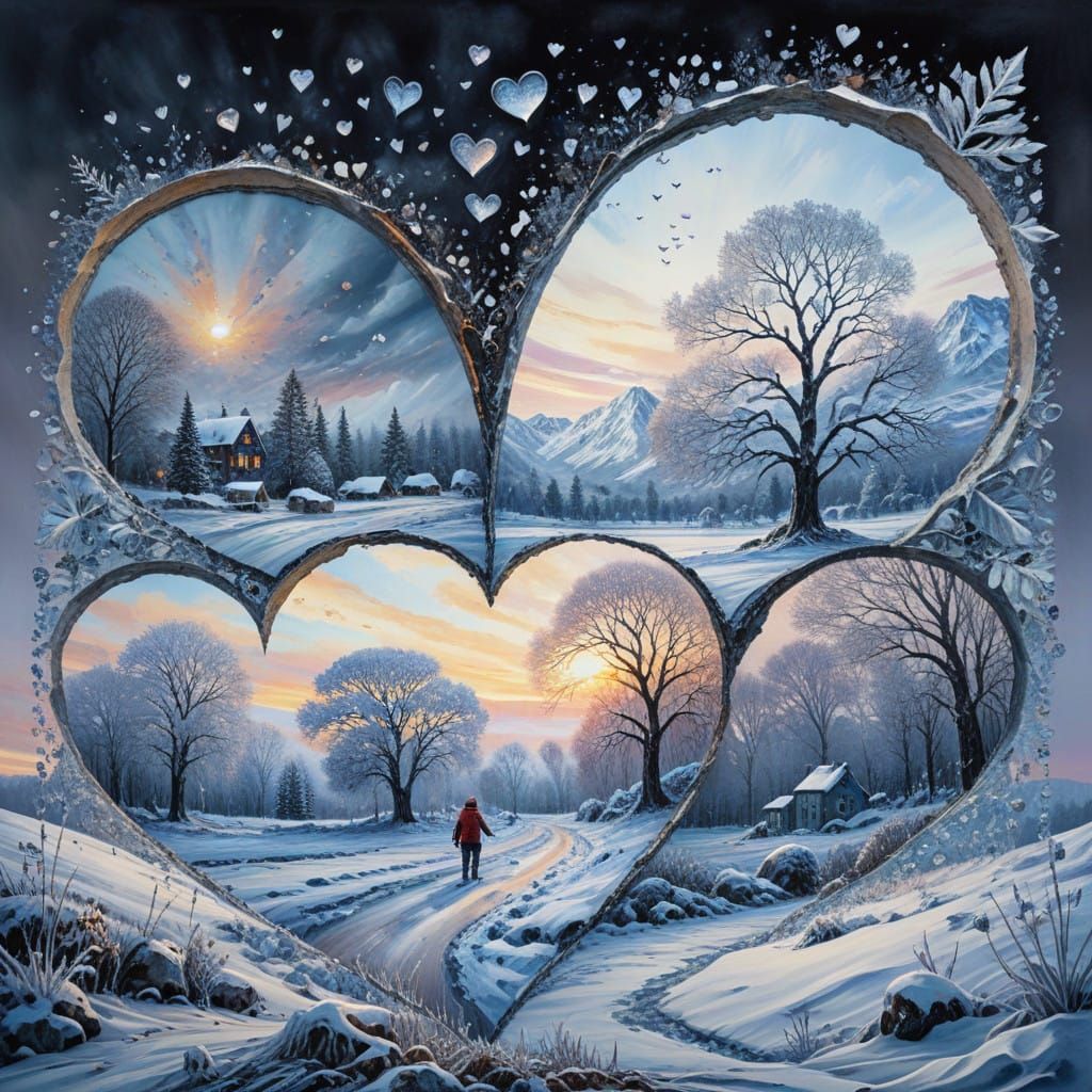 Fantasy Winter Landscape with Blurred Hearts and Intricate D...
