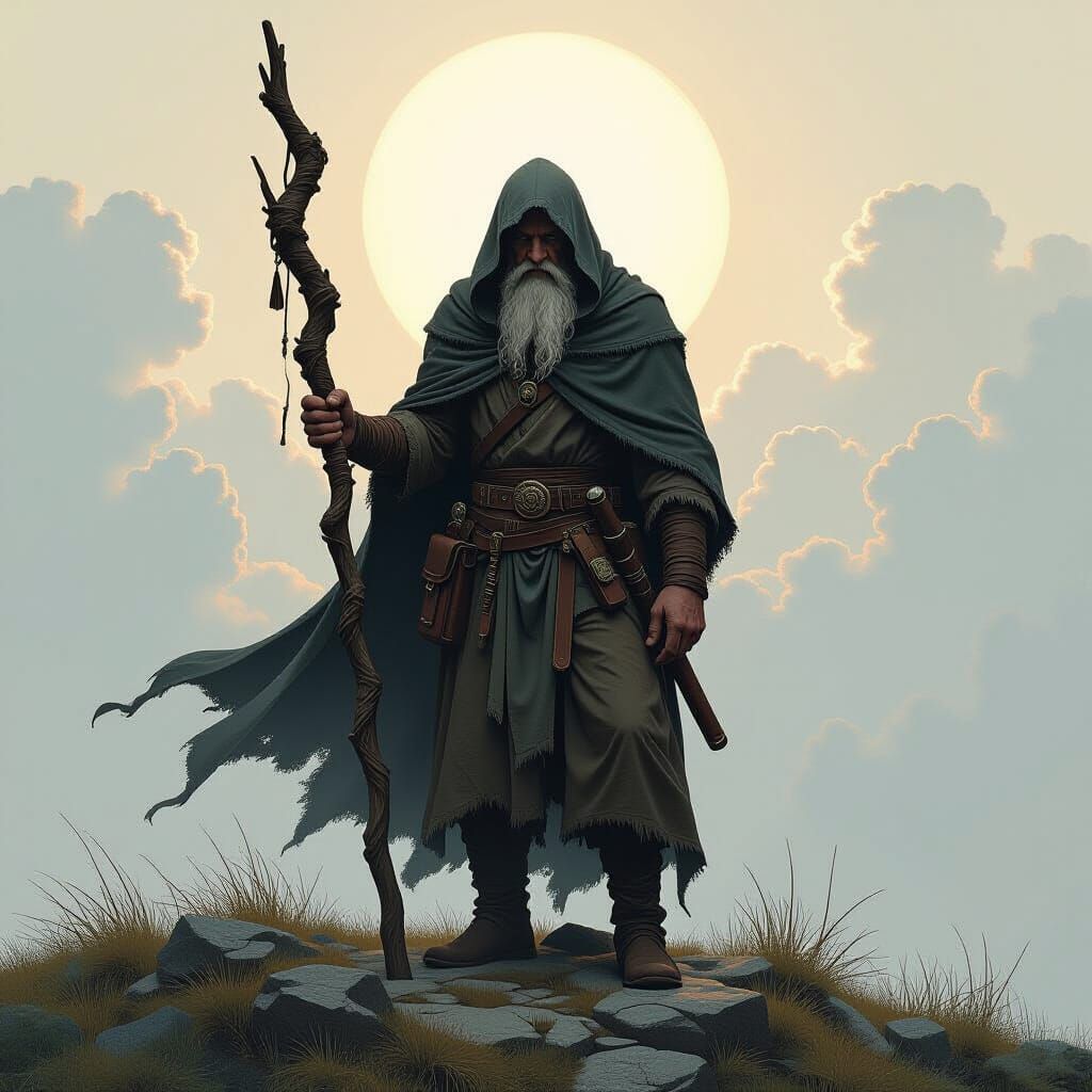 Ancient Traveler on Windswept Hill in Dramatic Style