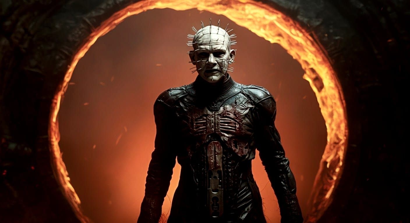 Pinhead Walks Through Hell Portal: Cinematic Film Still