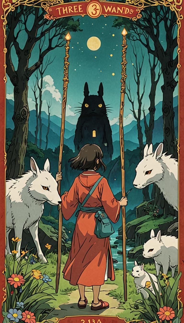 Three of Wands Tarot Card in Ghibli Style
