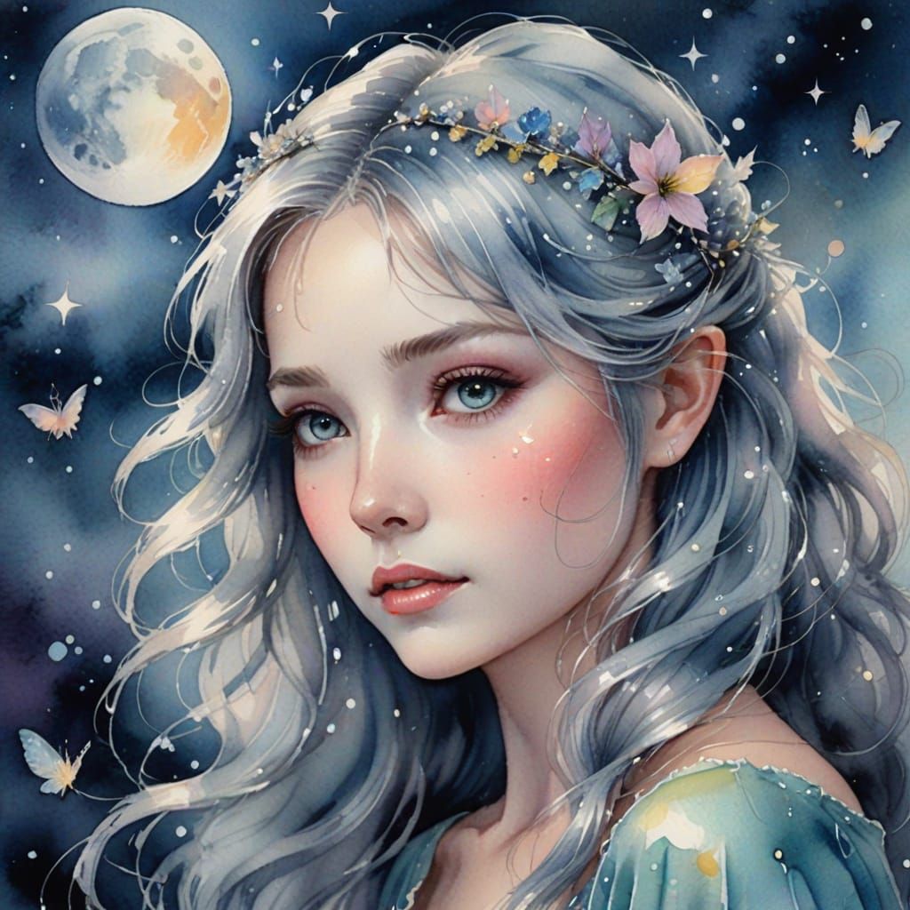 Whimsical Fairy in Moonlight Watercolor