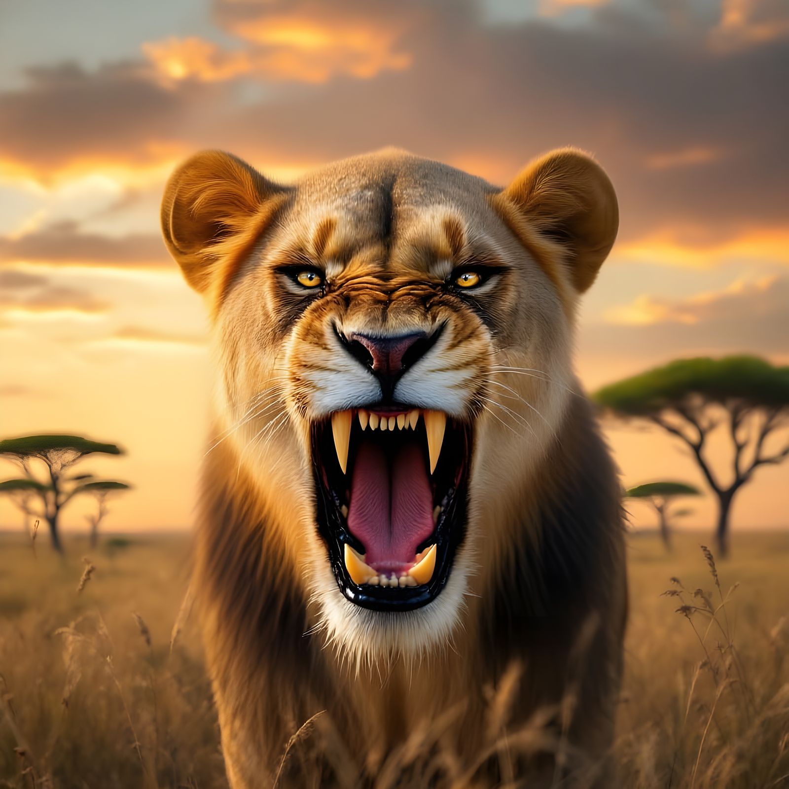 Majestic Lioness Roaring in the Savanna