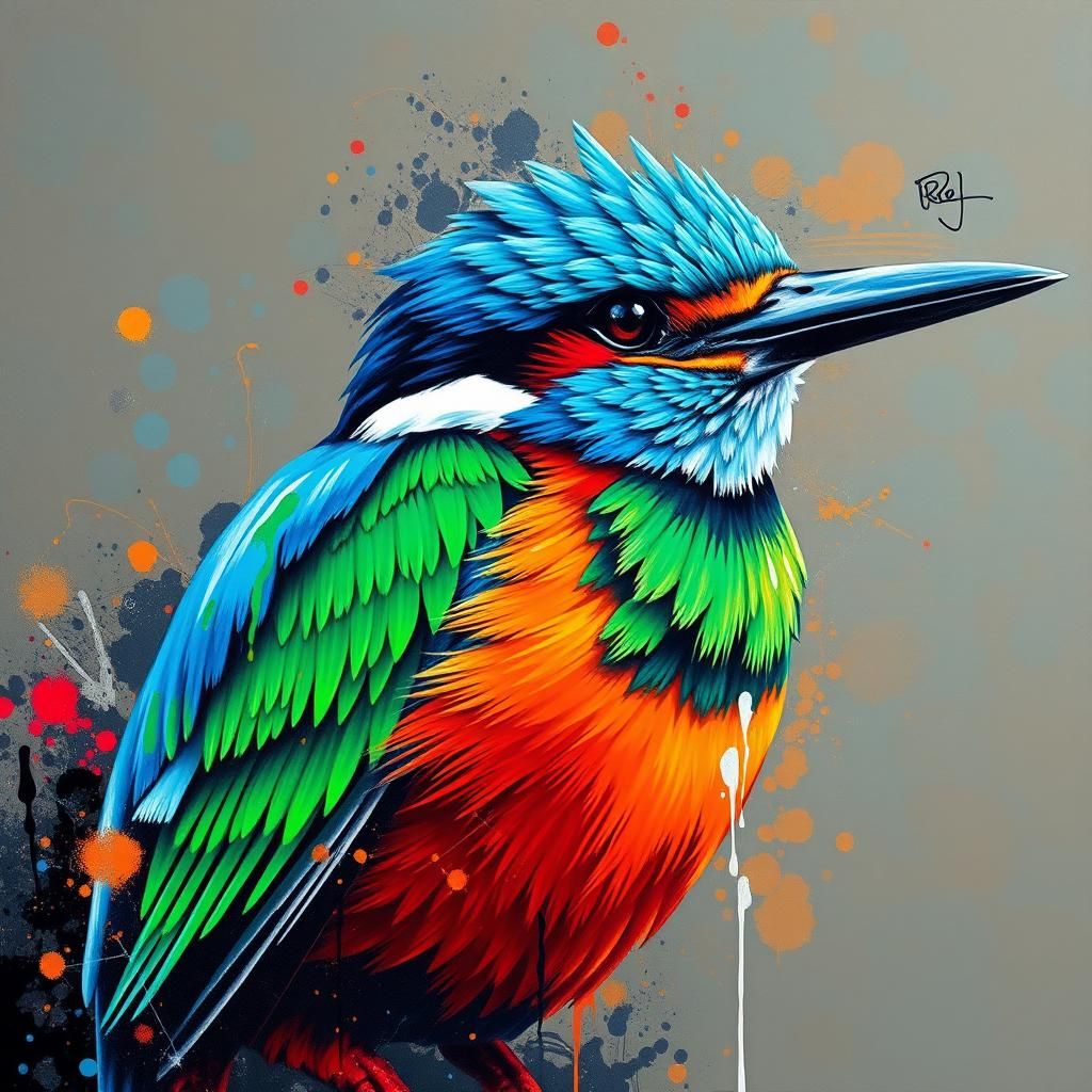 Colorful Kingfisher in Graffiti Splash Art Style